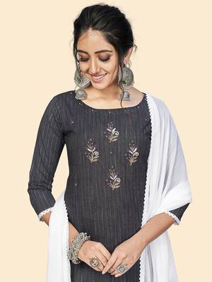 Vbuyz Women'S Embroidered Straight Cotton Bland Black Stitched Kurta Pant With Dupatta 6