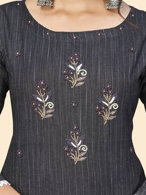 Vbuyz Women'S Embroidered Straight Cotton Bland Black Stitched Kurta Pant With Dupatta 7