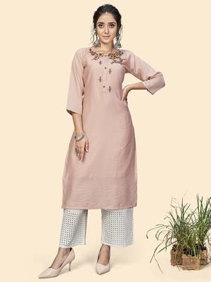 Vbuyz Women'S Hand Work Straight Viscose Light Pink Stitched Kurta 1