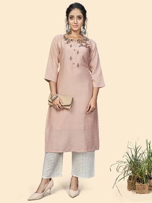 Vbuyz Women'S Hand Work Straight Viscose Light Pink Stitched Kurta 2