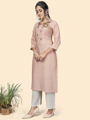 Vbuyz Women'S Hand Work Straight Viscose Light Pink Stitched Kurta 4