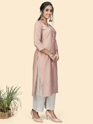 Vbuyz Women'S Hand Work Straight Viscose Light Pink Stitched Kurta 5
