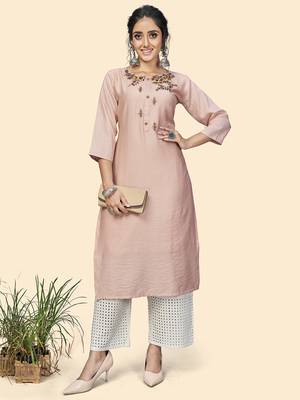 Vbuyz Women'S Hand Work Straight Viscose Light Pink Stitched Kurta 8