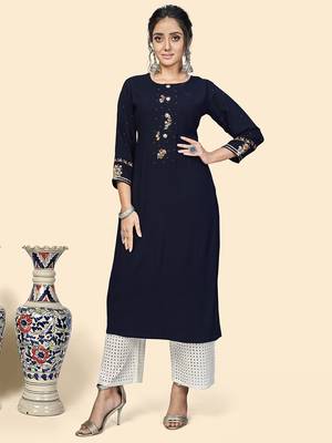 Vbuyz Women'S Embroidered Straight Viscose Blue Stitched Kurta 1