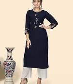 Vbuyz Women'S Embroidered Straight Viscose Blue Stitched Kurta