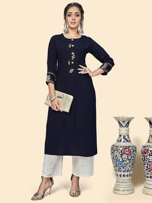 Vbuyz Women'S Embroidered Straight Viscose Blue Stitched Kurta 2