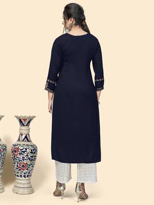 Vbuyz Women'S Embroidered Straight Viscose Blue Stitched Kurta 3