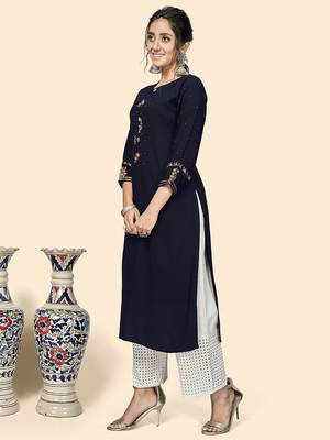 Vbuyz Women'S Embroidered Straight Viscose Blue Stitched Kurta 4