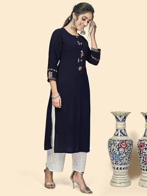 Vbuyz Women'S Embroidered Straight Viscose Blue Stitched Kurta 5