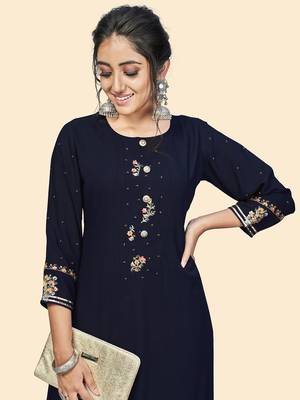Vbuyz Women'S Embroidered Straight Viscose Blue Stitched Kurta 6