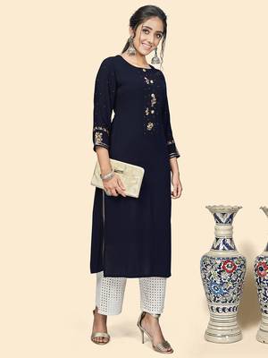 Vbuyz Women'S Embroidered Straight Viscose Blue Stitched Kurta 8