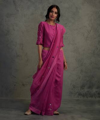 Chanderi Pink Saree With Fullsleeve Blouse  1