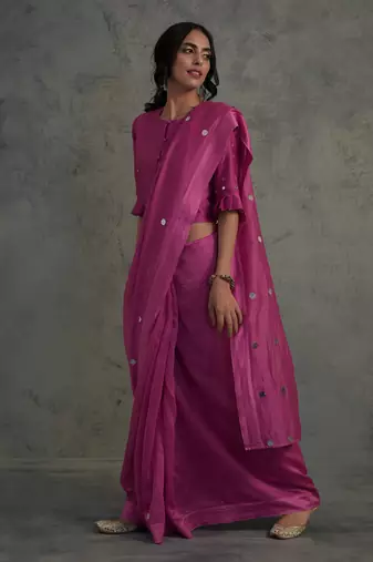 Chanderi Pink Saree With Fullsleeve Blouse 
