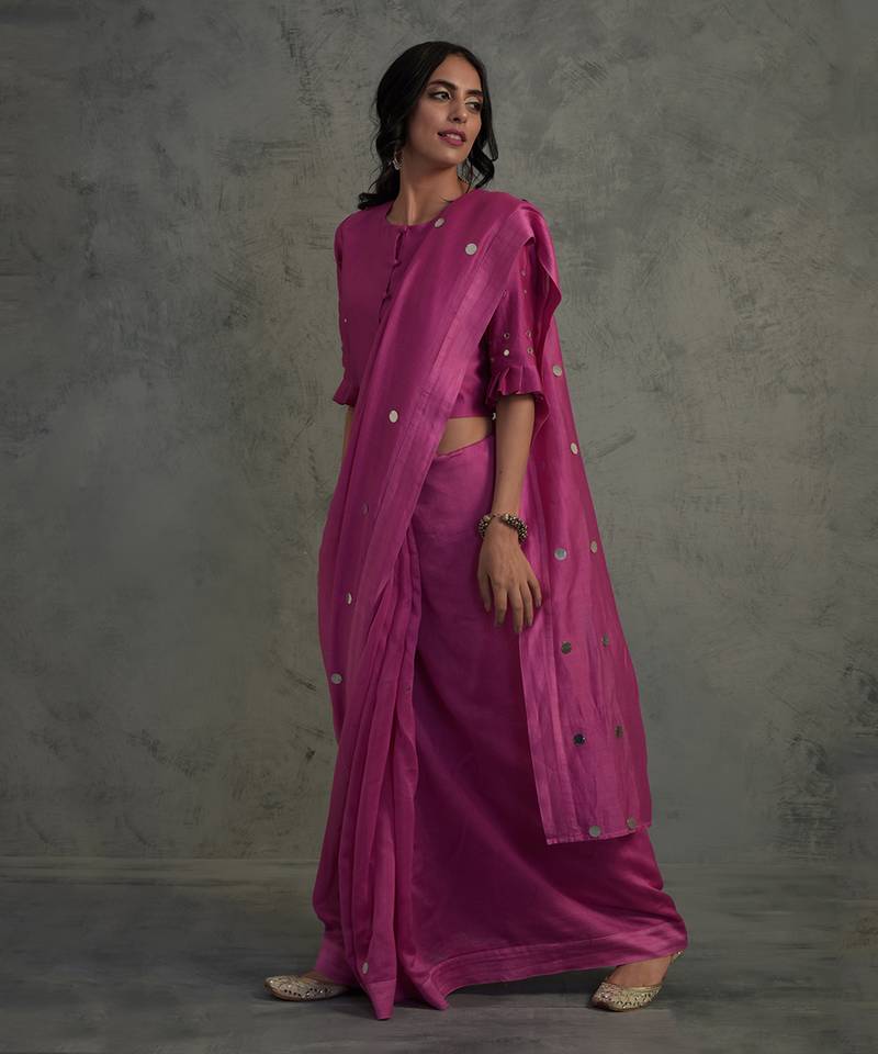 Chanderi Pink Saree With Fullsleeve Blouse 
