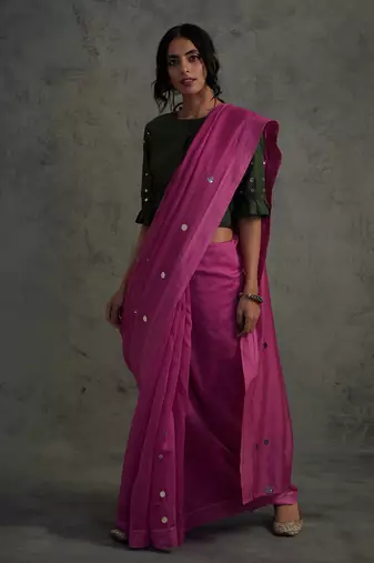 Pink Chanderi Saree With Fullsleeve Blouse