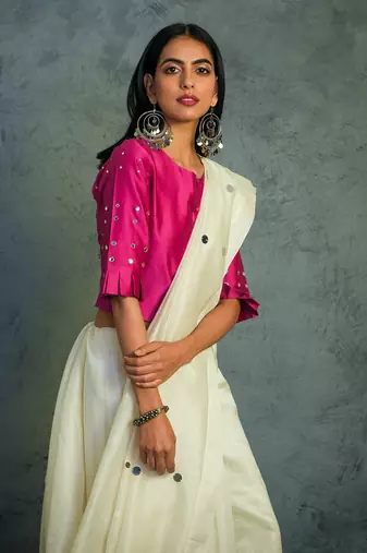 Chanderi  Off-white Saree With Fullsleeve Blouse 