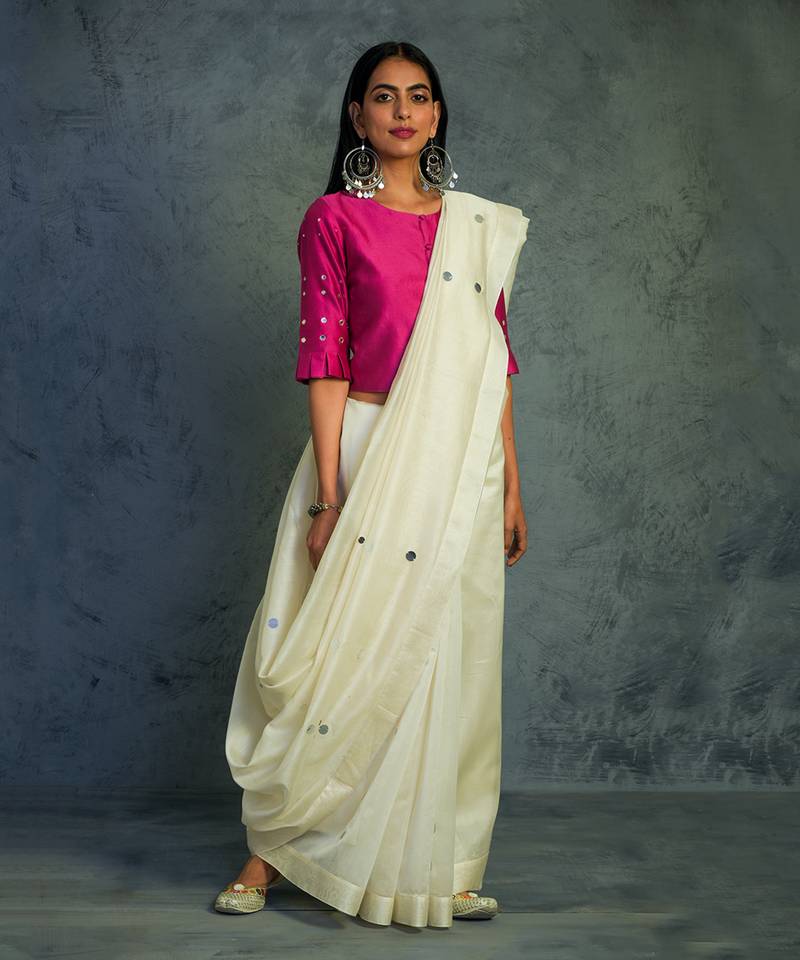 Chanderi  Off-white Saree With Fullsleeve Blouse 