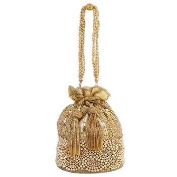 myDsGifts Women's Beads & Sequin Work Embellished Partywear Golden Potli 1