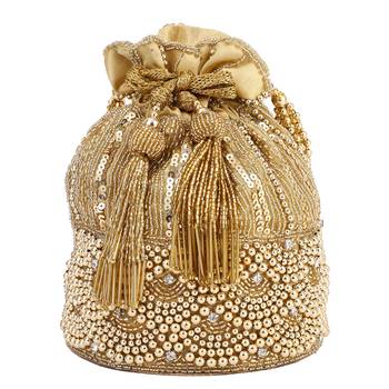 myDsGifts Women's Beads & Sequin Work Embellished Partywear Golden Potli 2