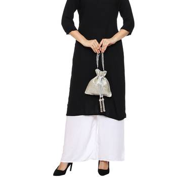 myDsGifts Women's Sequin Work Embellished Partywear Silver Potli 5