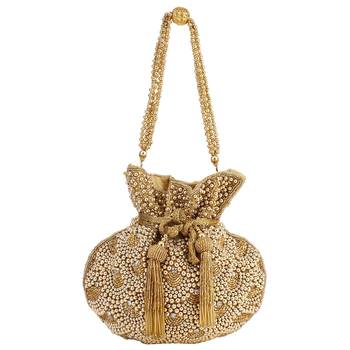 myDsGifts Women's Beads Work Embellished Partywear Golden Potli Bag 1