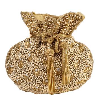 myDsGifts Women's Beads Work Embellished Partywear Golden Potli Bag 2