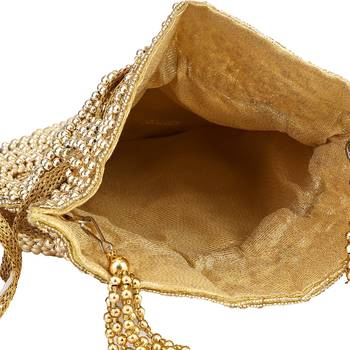 myDsGifts Women's Beads Work Embellished Partywear Golden Potli Bag 3