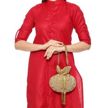 myDsGifts Women's Beads Work Embellished Partywear Golden Potli Bag 4
