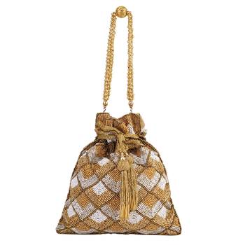 myDsGifts Women's Beads & Sequin Work Embellished Partywear Golden Potli 2