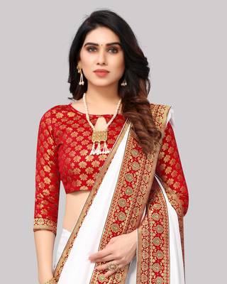 White Vichitra Silk Blend Saree With Fancy Lace And Jacquard Blouse Piece. 3