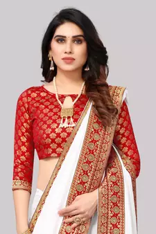 White Vichitra Silk Blend Saree With Fancy Lace And Jacquard Blouse Piece.