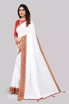 White Vichitra Silk Blend Saree With Fancy Lace And Jacquard Blouse Piece.