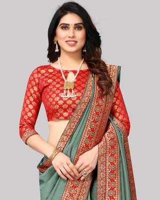 Pista Green Vichitra Silk Blend Saree With Blouse Piece With Jacquard Blouse Piece. 3