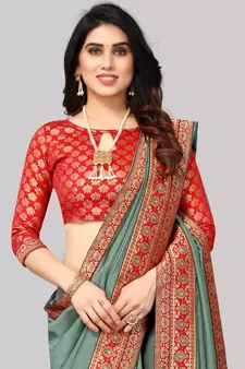 Pista Green Vichitra Silk Blend Saree With Blouse Piece With Jacquard Blouse Piece.