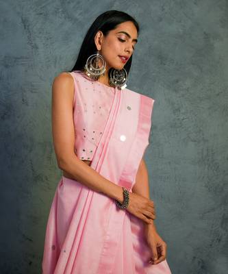 Pink Chanderi Saree With Sleeveless Blouse  2
