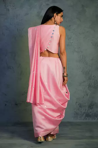 Pink Chanderi Saree With Sleeveless Blouse 