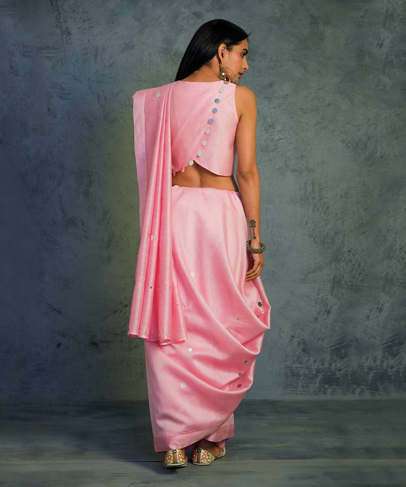 Pink Chanderi Saree With Sleeveless Blouse 