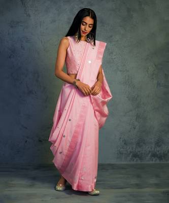 Pink Chanderi Saree With Sleeveless Blouse  1