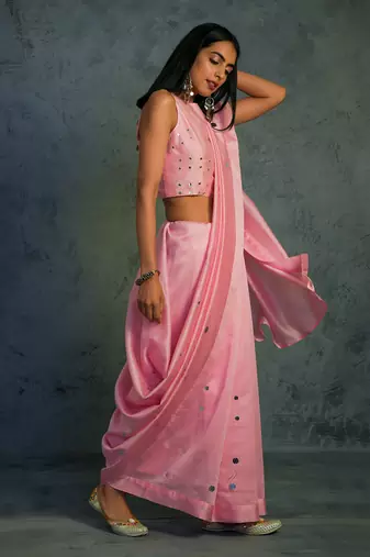 Pink Chanderi Saree With Sleeveless Blouse 