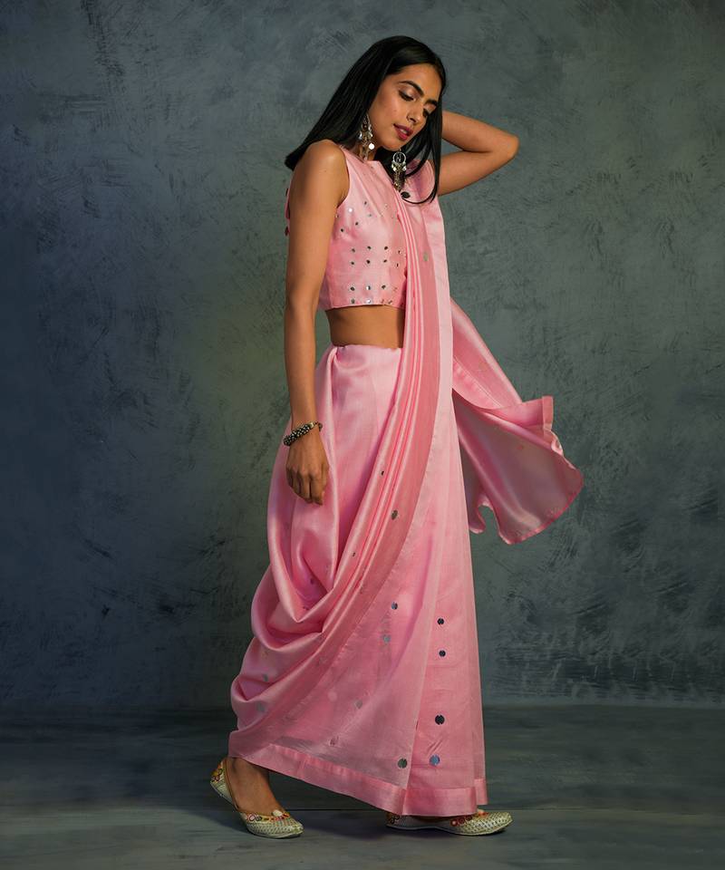 Pink Chanderi Saree With Sleeveless Blouse 