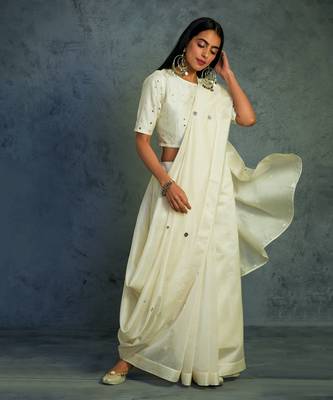 Chanderi Off-white Saree With Full sleeve Blouse  3