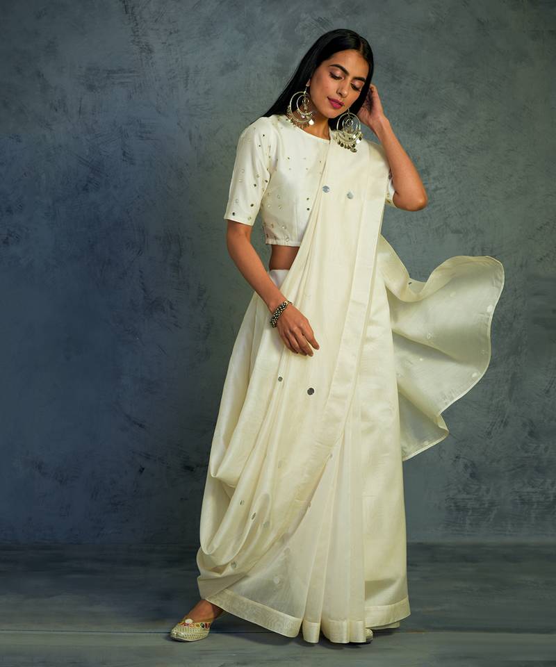 Chanderi Off-white Saree With Full sleeve Blouse 