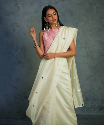 Chanderi Pink Saree With Seeveless Blouse  2