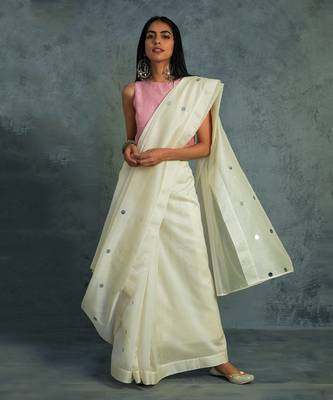 Chanderi Pink Saree With Seeveless Blouse  1