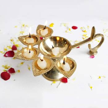 ROLIMOLI Brass Five face Puja Aarti Diya for Pooja Pancharti Diya With Handle pack of 1 1