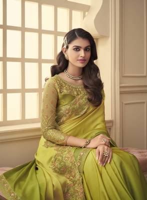 Yellow embroidered silk saree with blouse 2