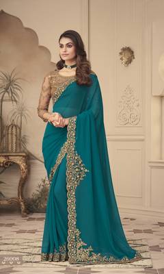 Teal embroidered  georgette saree with blouse 1