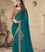 Teal embroidered  georgette saree with blouse