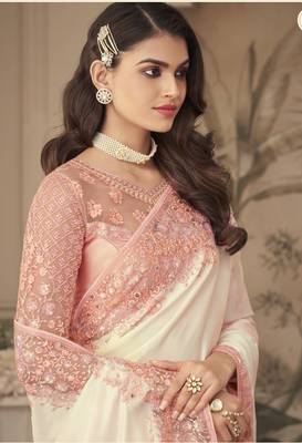 Off white embroidered silk saree with blouse 2