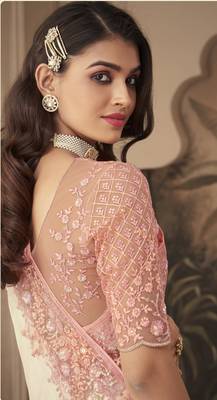Off white embroidered silk saree with blouse 3
